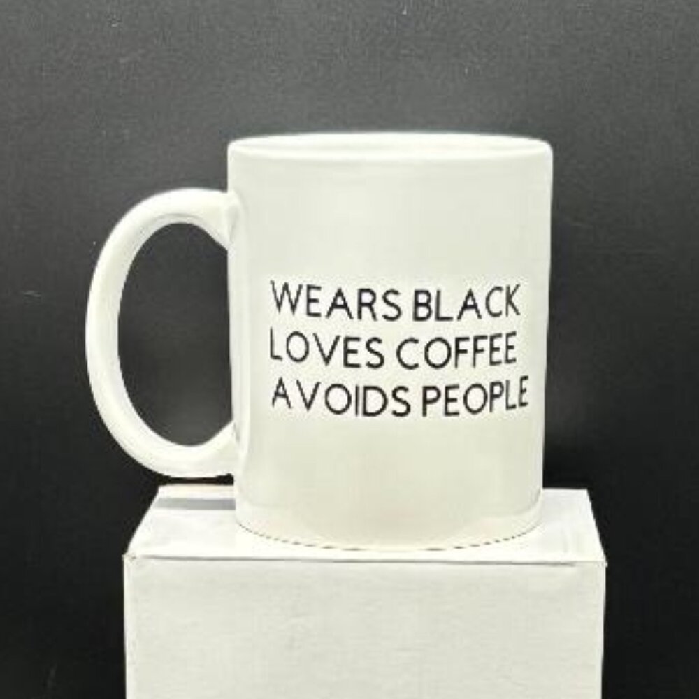 NIB "Wears Black Loves Coffee Avoids People" Ceramic Coffee Mug Boxed